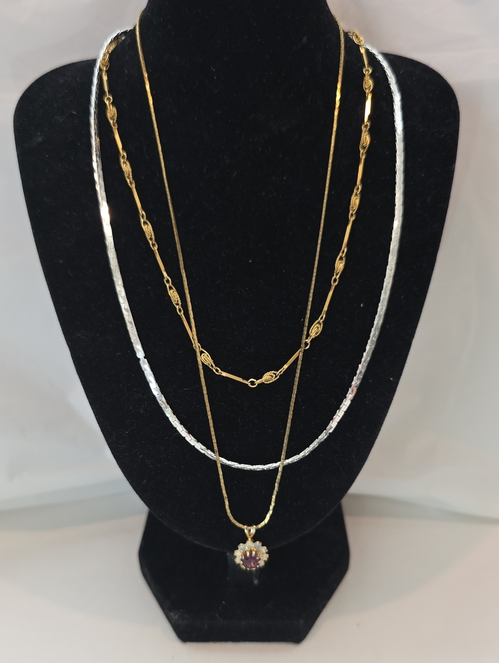 Trio Of Vintage Necklaces One Silvertone, One Trifari Goldtone, Purple Pendant